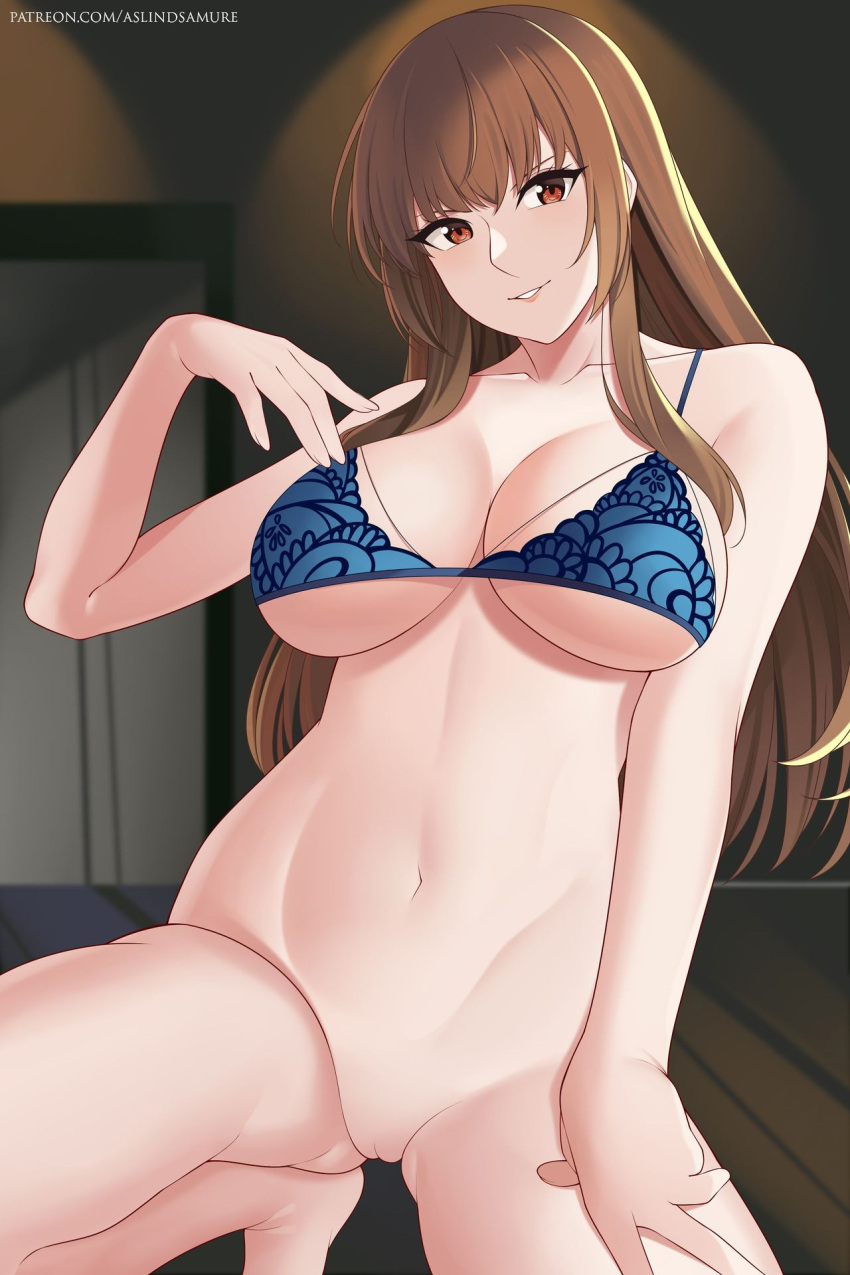 1girl alluring aslind_samure aslindsamure bare_legs barefoot big_breasts bikini bikini_top_only blue_lingerie breasts brown_hair cleavage dead_or_alive dead_or_alive_2 dead_or_alive_3 dead_or_alive_4 dead_or_alive_5 dead_or_alive_6 dead_or_alive_xtreme dead_or_alive_xtreme_2 dead_or_alive_xtreme_3 dead_or_alive_xtreme_3_fortune dead_or_alive_xtreme_beach_volleyball dead_or_alive_xtreme_venus_vacation feet female_focus female_only g-string hand_on_thigh kasumi kasumi_(doa) kunoichi lingerie looking_at_viewer micro_bikini naked_from_the_waist_down pussy red_eyes silf smile squatting tecmo under_boob voluptuous