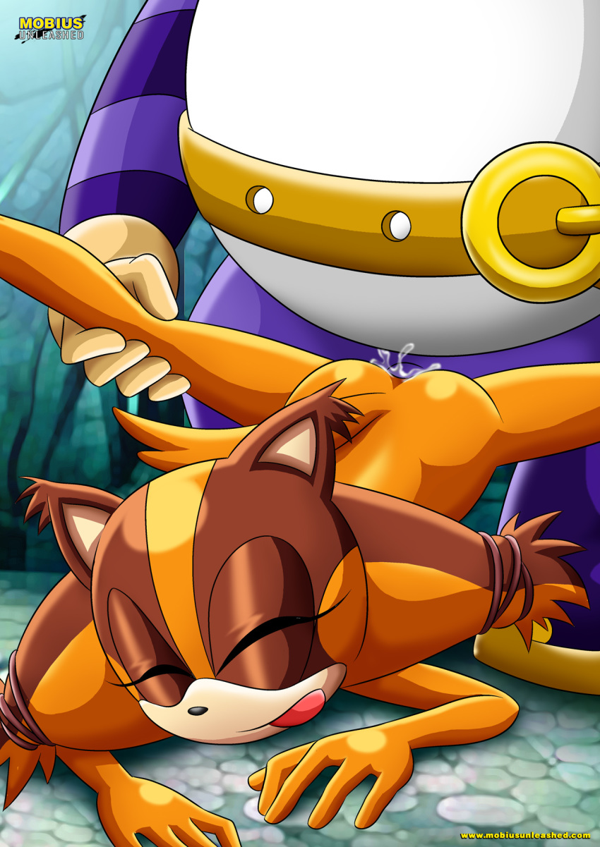 1girl bbmbbf big_dom_small_sub big_the_cat closed_eyes furry larger_male mobius_unleashed palcomix sega sex size_difference smaller_female sonic_(series) sonic_boom sonic_the_hedgehog_(series) spread_legs sticks_the_jungle_badger tagme tongue_out