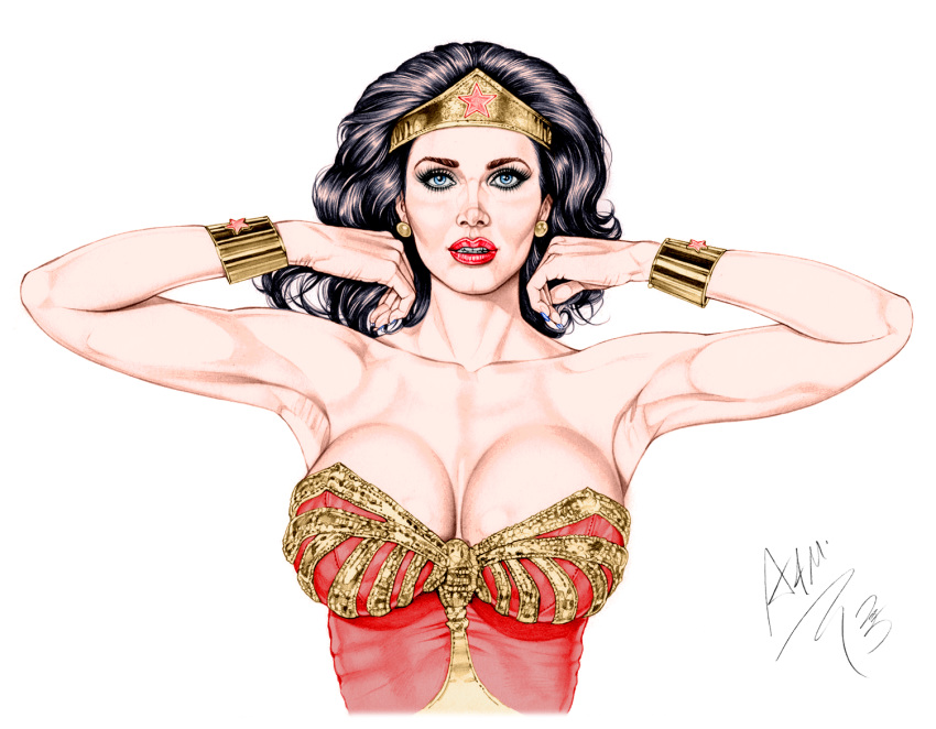 1girl 1girl actress armando_huerta armpits bare_shoulders big_breasts black_hair blue_eyes bracelet breasts celeb cleavage covered_breasts dc_comics dc_comics diana_prince earrings female_only jewelry justice_league lips lipstick long_hair lynda_carter makeup red_lips red_lipstick tiara wonder_woman wonder_woman_(series)