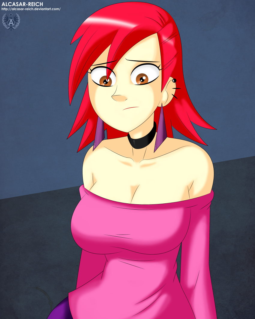 1girl alcasar-reich alcasar-reich_(artist) bare_shoulders big_breasts breasts brown_eyes choker cleavage ear_piercing earrings female female_only foster's_home_for_imaginary_friends frankie_foster long_sleeves off_shoulder pink_shirt red_hair shirt short_hair