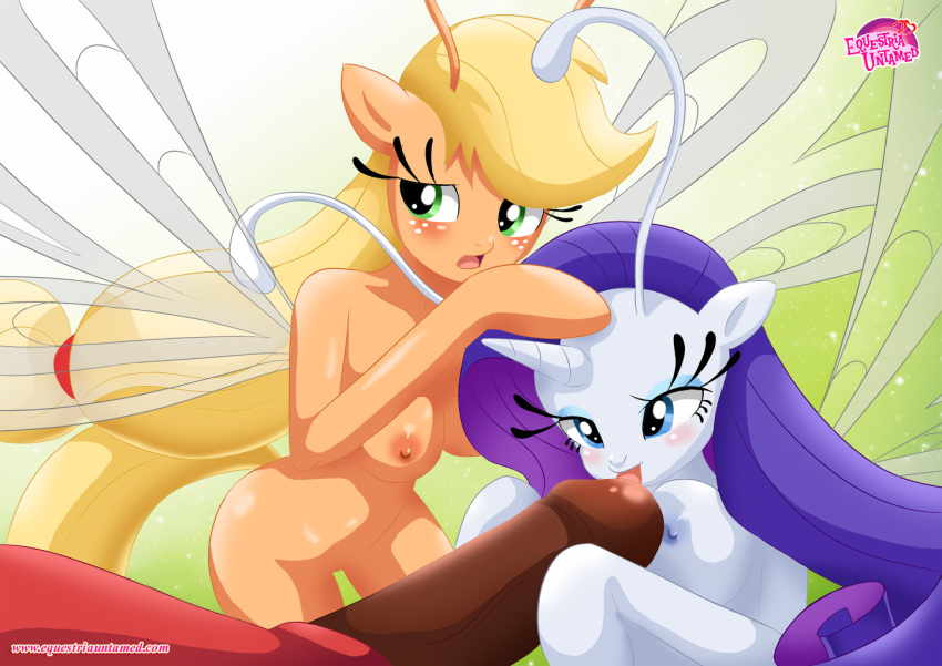 2girls antennae applejack applejack_(mlp) bbmbbf blush breasts breezie equestria_untamed friendship_is_magic horn licking_penis multiple_girls my_little_pony nude oral palcomix penis rarity rarity_(mlp) wings