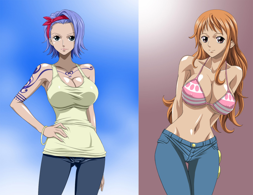 2_girls alluring bikini_top blue_hair clothed hot jeans multiple_girls nami_(one_piece) nel-zel_formula nojiko nojiko_(one_piece) one_piece orange_hair sexy siblings silf sisters tank_top tattoo voluptuous wallpaper