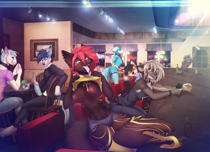 1girl anthro bar breasts canine collaboration dog dragon f-r95 falla feline flashing fox furry group high_res horn iskra looking_at_viewer mammal penis saber-toothed_cat smile tail_monster unknown_species