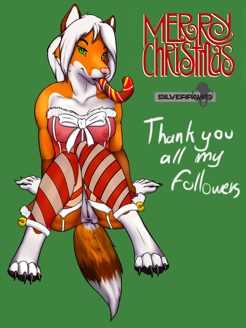 1girl 2015 angie_(character) anthro anus ass bell bow breasts candy candy_cane canine chakat-silverpaws christmas claws clitoris clothed clothing english_text food fox fur furry green_background green_eyes hair half-dressed high_res holidays legwear lingerie long_hair looking_at_viewer mammal nipples nude orange_fur pussy ribbons simple_background smile stockings teeth text toe_claws tongue translucent transparent_clothing white_hair