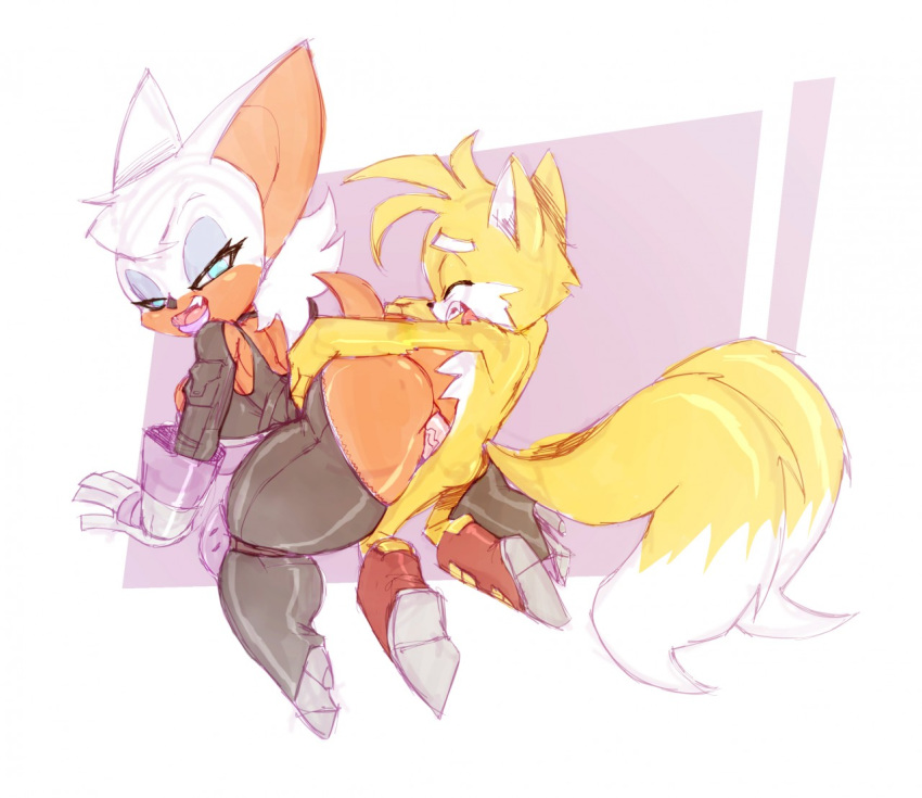 1girl ass bat big_ass big_breasts bigdad boots breasts canine clothing footwear fox male male/female mammal miles_"tails"_prower multiple_tails rouge_the_bat sega white_background wide_hips