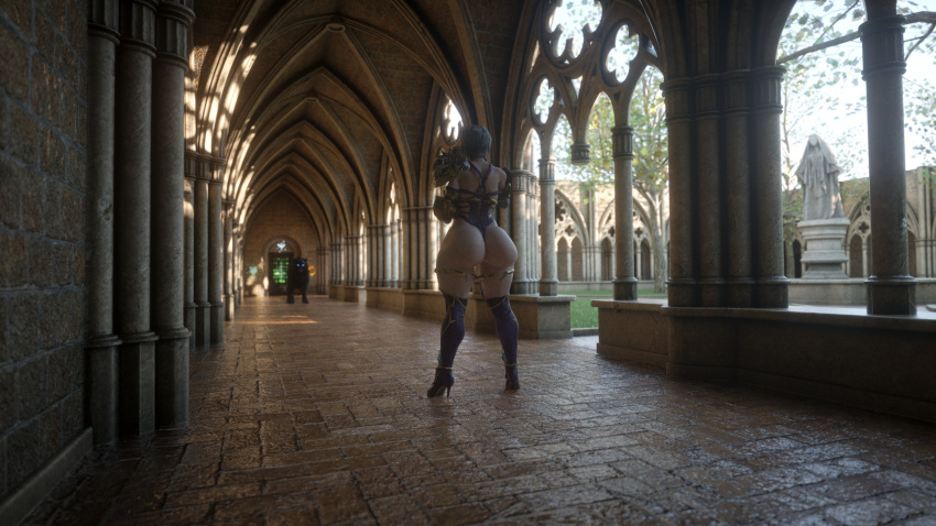 1girl 3d 3d_(artwork) big_breasts curvaceous curves curvy curvy_figure eyelashes eyeliner hallway high_heel_boots high_resolution huge_breasts human icedev isabella_valentine lipstick plump soul_calibur thick_thighs voluptuous wolf