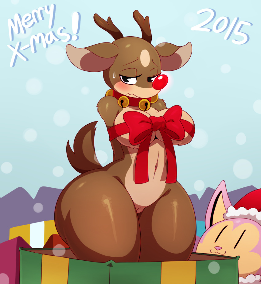 1girl 2015 anthro antlers bell belly big_breasts blush bound breasts cervine christmas collar english_text feline furry holidays horn mammal midriff navel noodle_(sssonic2) pussy restrained rudolph source_request sssonic2 sweat sweatdrop text voluptuous wide_hips
