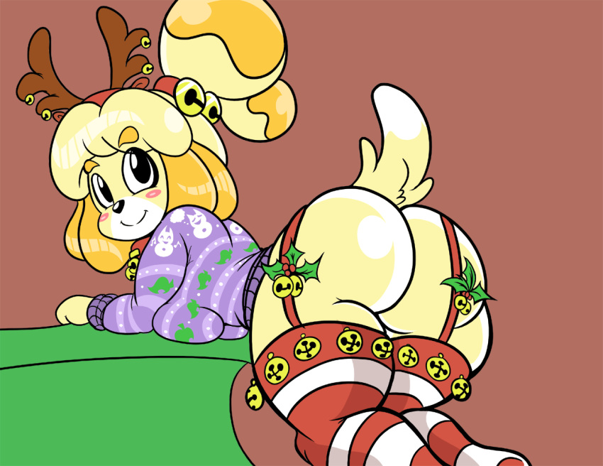 1girl 2015 animal_crossing animal_crossing_new_leaf anthro antlers ass big_ass bottomless canid canine canine_humanoid christmas christmas_outfit clothed clothing dog doubutsu_no_mori furry hair_tie half-dressed high_res holidays isabelle_(animal_crossing) jingle_bell mammal mistletoe nintendo ponytail secretary shih_tzu shizue_(doubutsu_no_mori) simple_background thick_ass thick_legs thick_thighs twindrills video_games yellow_fur