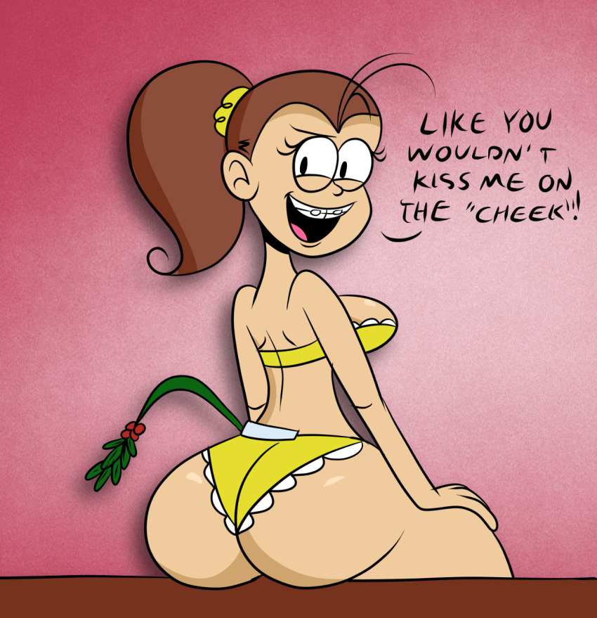 brown_hair bubble_butt christmas frilly_panties funny looking_at_viewer looking_back luan_loud mistletoe nickelodeon ponytail scobionicle99 shiny shiny_skin sitting smile the_loud_house wide_hips yellow_panties