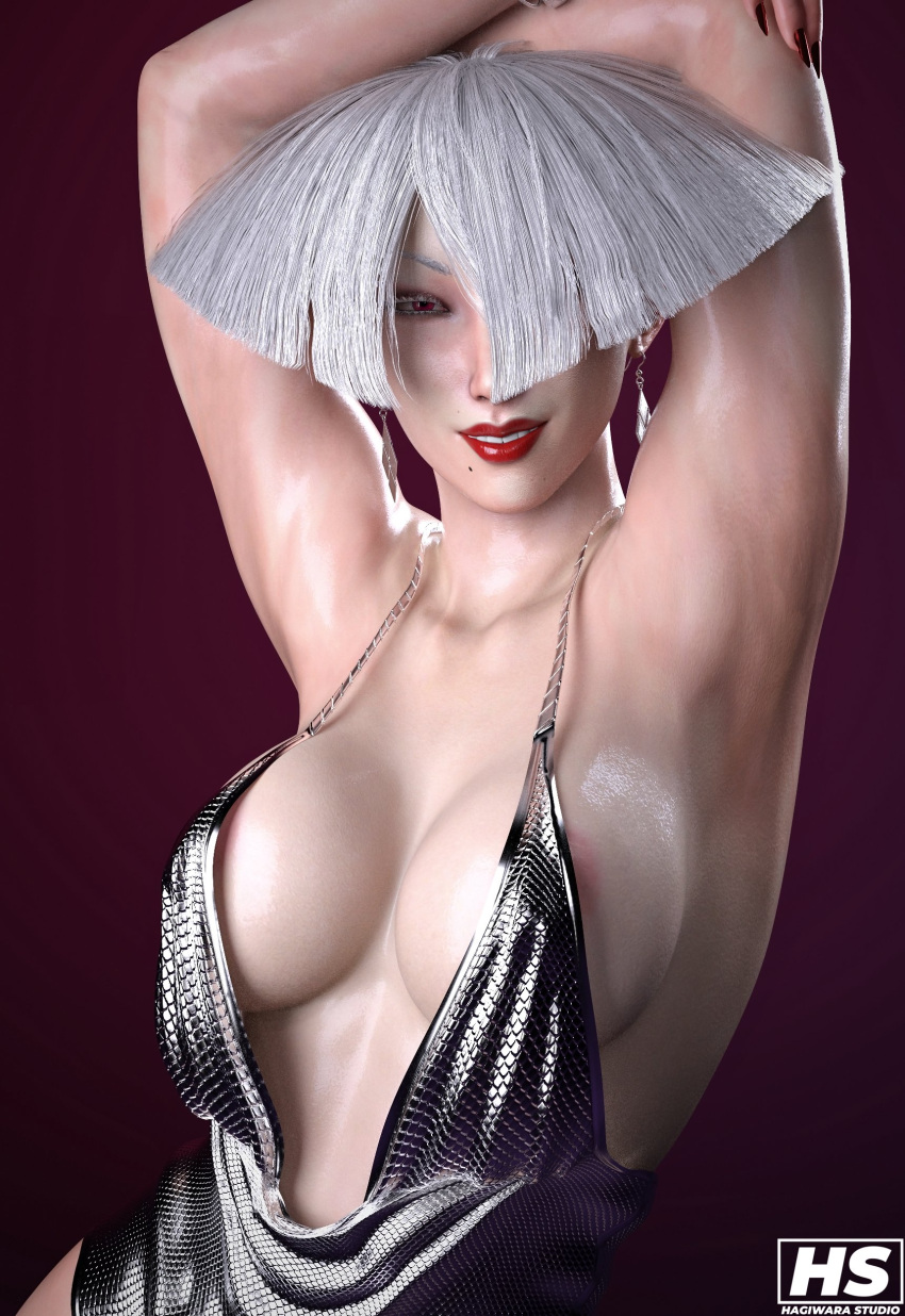 1girl 3d a.k.i. a.k.i._(street_fighter) albino asian asian_female ass big_ass big_breasts black_bodysuit bodysuit breasts capcom curvy dress duo_gale fake_nails female_only fingernails grey_hair hagiwara_studio high_res latex leotard light_skin lips looking_at_viewer muscular sharp_fingernails short_hair street_fighter street_fighter_6 twitter watermark white_hair