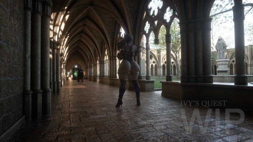 1girl 3d 3d_(artwork) big_breasts curvaceous curves curvy curvy_figure eyelashes eyeliner hallway high_heel_boots huge_breasts human icedev isabella_valentine lipstick plump soul_calibur thick_thighs voluptuous wolf