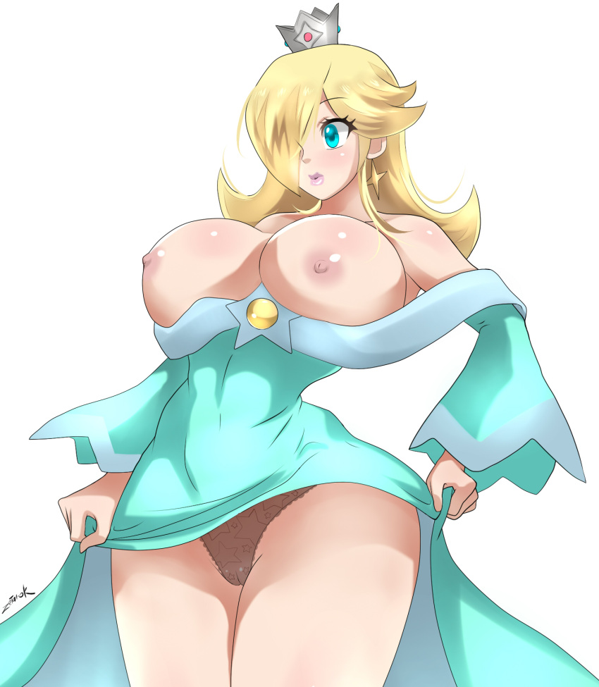 1girl bare_shoulders blonde_hair blue_eyes blush breasts breasts_out crown dress dress_lift earrings erect_nipples eyeshadow female_only hair_over_one_eye huge_breasts human long_hair looking_away makeup mario_(series) nintendo nipples panties pussy rosalina see-through sexy sexy_body sexy_breasts simple_background smelly_pussy standing super_mario_bros. underwear white_background zetarok