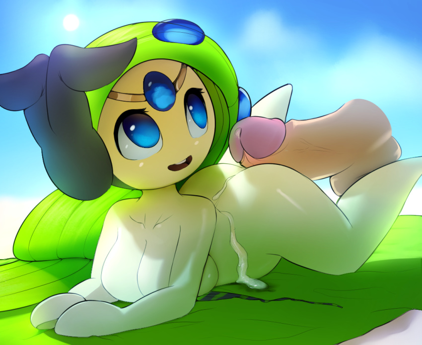 1boy 1girl ass big_breasts blue_eyes breasts buttjob cum cum_on_ass cum_on_body cum_on_lower_body cute furry green_hair large_breasts long_hair looking_back lying meloetta mystical on_stomach open_mouth penis plantpenetrator pokemon semen smile testicle
