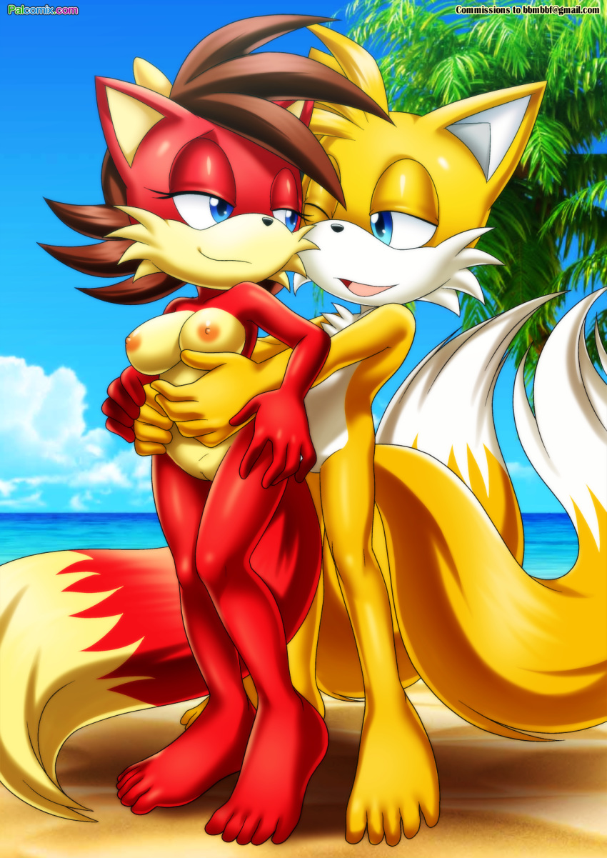 1boy 1girl animal_ears archie_comics bbmbbf beach blue_eyes breasts brown_hair fiona_fox furry looking_at_another male miles_"tails"_prower mobius_unleashed nipples nude palcomix pussy sega smile sonic_(series) sonic_the_hedgehog_(series) tail