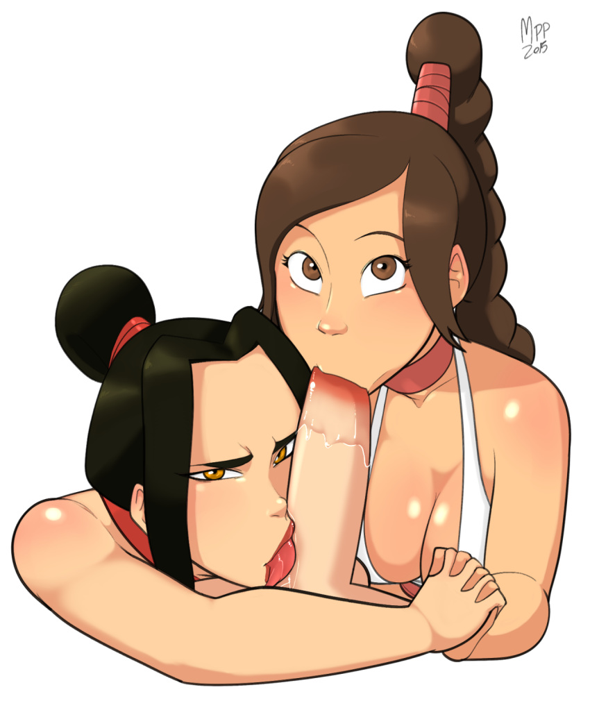2_girls 2girls avatar:_the_last_airbender azula bikini black_hair braided_ponytail breasts brown_eyes brown_hair cleavage disembodied_penis fellatio hair_bun hand_holding high_ponytail licking looking_at_viewer mrpotatoparty multiple_girls oral penis saliva simple_background swimsuit teamwork tongue ty_lee uncensored white_background