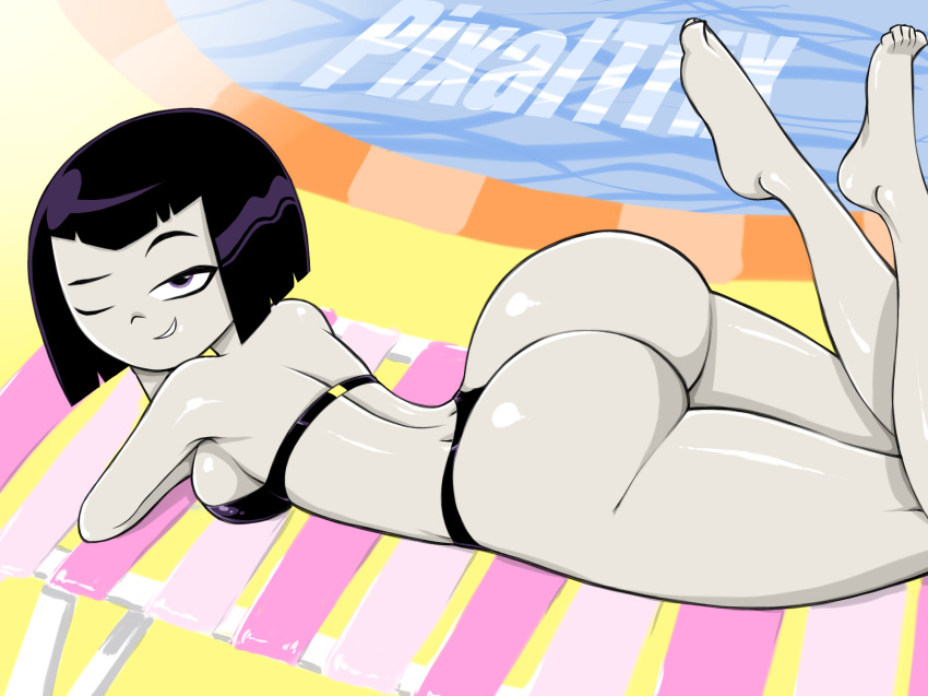 1girl ass bikini bubble_butt dc_comics female_only grey_skin happy hips inviting large_ass light_skin looking_at_viewer outdoor pixaltrix pool purple_eyes raven_(dc) round_ass solo_female teen_titans teen_titans_go thong wide_hips winking winking_at_viewer