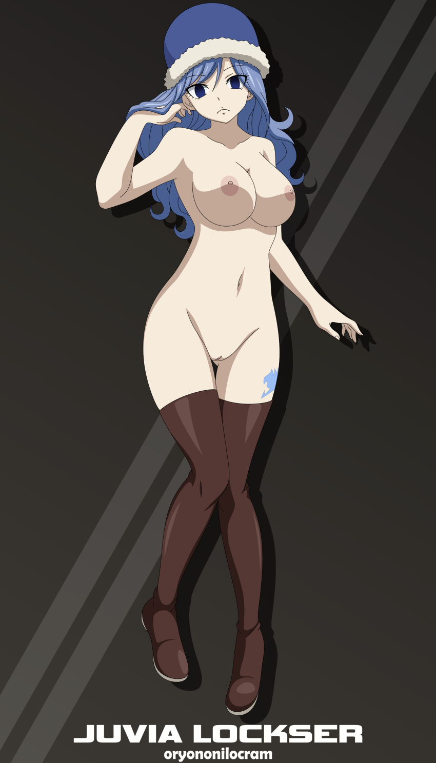 1girl alluring ass_visible_through_thighs big_breasts blue_eyes blue_hair breasts completely_naked completely_nude fairy_tail functionally_nude hat innie_pussy juvia_lockser juvia_loxar light-skinned_female light_skin looking_at_viewer medium_hair nipples no_bra no_panties nude nude_female oryononilocram pussy shaved_pussy stockings tattoo winter_hat