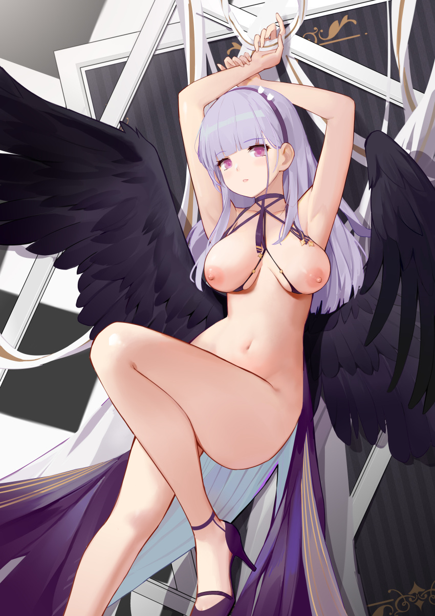 1girl ambiguous_background areola armpits arms_up azur_lane bangs bare_legs belly big_breasts bird_wings black_feathers black_wings blunt_bangs blush breasts breasts_out_of_clothes chinese choker clavicle cleavage cowboy_shot criss-cross_halter dido_(anxious_bisque_doll)_(azur_lane) dido_(azur_lane) dress eyebrows_visible_through_hair eyelashes feathered_wings feathers female_only flyyao hairband halter_top halterneck high_heels high_resolution lavender_hair legs light_purple_hair lips long_hair looking_at_viewer medium_breasts navel nipples nude one_leg_raised parted_lips purple_choker purple_dress purple_eyes purple_footwear purple_hair purple_hairband purple_ribbon ribbon shoes skindentation star_(symbol) stomach straight_hair thighs very_high_resolution white_ribbon wings