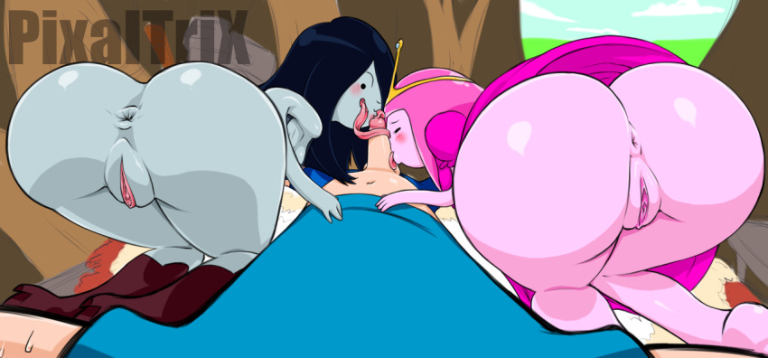 1boy 2girls adventure_time anus ass big_ass bottomless clothes dat_ass fellatio finn_the_human fuckable happy hips huge_ass licking looking_at_viewer marceline multiple_girls nude on_knees oral penis pixaltrix presenting presenting_hindquarters princess_bubblegum pussy sex testicles threesome tongue wide_hips
