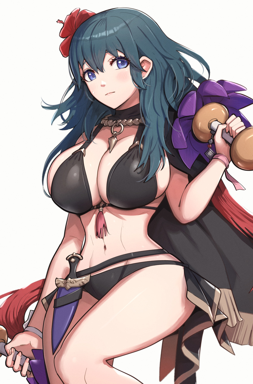 1girl 2024 :/ absurd_res alluring alternate_costume big_breasts bikini black_bikini black_swimsuit blue_eyes byleth_(fire_emblem) byleth_(fire_emblem)_(female) byleth_(summer)_(fire_emblem)_(female) cleavage closed_mouth commentary_request dagger fire_emblem fire_emblem:_three_houses fire_emblem_heroes flower flower_in_hair gonzarez hair_flower hair_ornament high_res holding knife legs long_hair looking_at_viewer necklace nintendo official_alternate_costume purple_eyes revision sheath sheathed shiny_ass shiny_breasts shiny_butt shiny_hair shiny_skin simple_background swimsuit tassel teal_hair thighs weapon white_background
