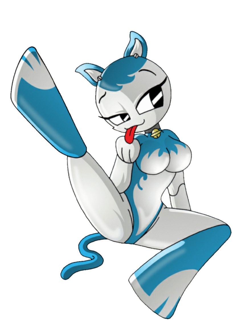 1girl android breasts cartoon cat female girl jenny_wakeman leg_up my_life_as_a_teenage_robot nickelodeon robot simple_background smile tail tongue transparent_background xj-9