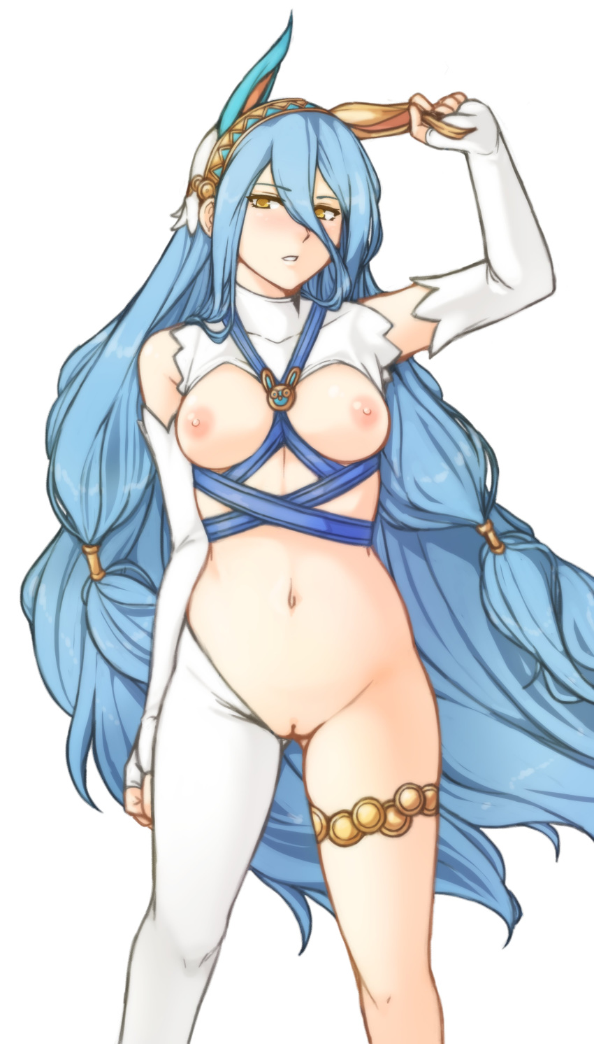 1girl 1girl 1girl animal_ears aqua_(fire_emblem) areola asymmetrical_legwear blue_hair breasts bunny_ears duplicate elbow_gloves fake_animal_ears fingerless_gloves fire_emblem fire_emblem_if gloves high_resolution inverted_bunnysuit inverted_costume long_hair looking_at_viewer medium_breasts navel nintendo nipples parted_lips pussy revealing_clothes simple_background standing tridisart veil very_high_resolution white_background white_gloves yellow_eyes