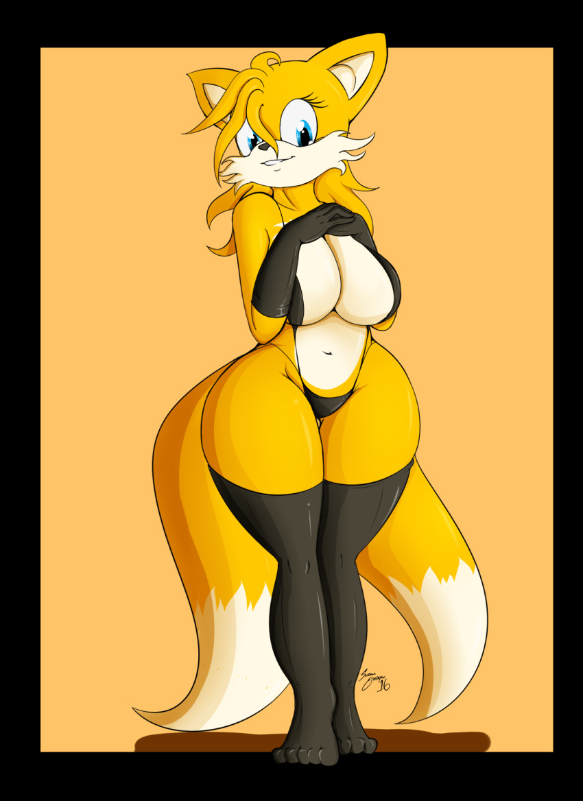 1girl 2016 anthro big_breasts black_border border breasts canine clothing fox furry genderswap gloves high_res legwear mammal miles_"tails"_prower millie_tailsko navel sega smile stockings suirano wide_hips