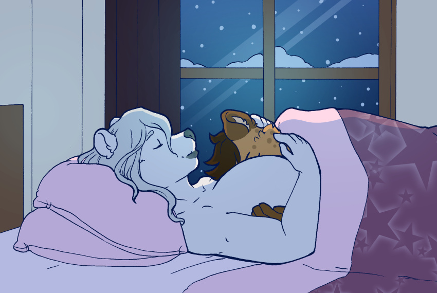 1boy 1girl anthro bed cuddling night polar_bear size_difference