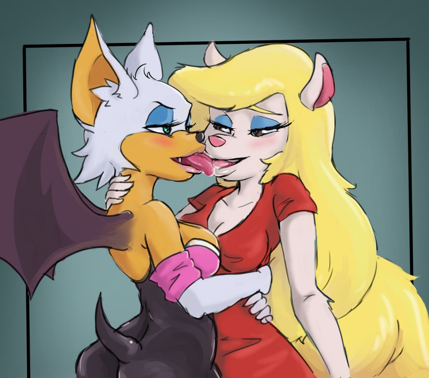 2_girls 2girls animaniacs anthro ass bat blonde_hair blush breasts brown_eyes clothed clothing crossover duo female female/female female_only french_kiss furry green_eyes hair kissing mammal membranous_wings minerva_mink mink mustelid rouge_the_bat sega sonic tight_clothing tongue tongue_out ungulatr wings yuri