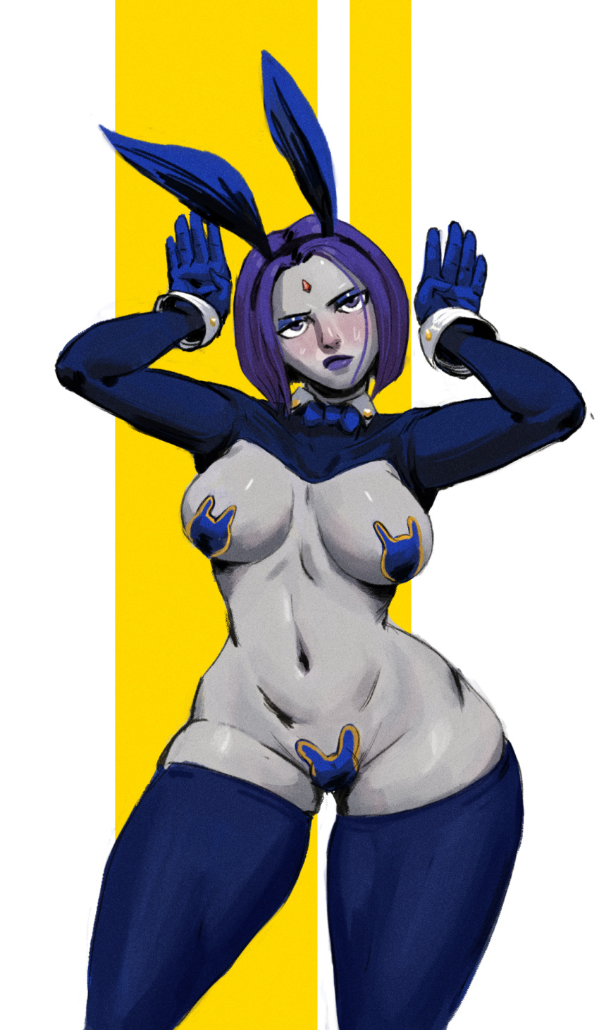 1girl big_breasts blush bow bowtie breasts bunny_ears bunny_girl bunnysuit clothing dc_comics embarrassed female female_only footwear gloves grey_skin handwear heavy_blush hips human lips maebari mostly_nude navel pasties perky_breasts plump_labia pointy_ears pose purple_eyes purple_lipstick pussy pussy_bulge rachel_roth raven_(dc) redblacktac reverse_bunnysuit short_hair solo_female stockings sweat teen_titans wide_hips