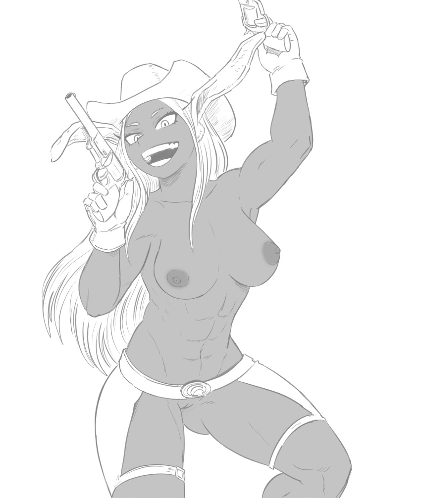 1girl abs animal_ears areola belt bent_elbow breasts bunny_ears chaps cowboy_hat dark-skinned_female dark-skinned_white-haired dark_skin dual_guns eyelashes female_only female_solo gloves gluteal_fold groin gun handgun hands_up hat high_resolution holding_gun holding_weapon long_hair medium_breasts mf_uncen monochrome my_hero_academia nipples nude one_arm_up open_mouth paipan pussy revolver simple_background stomach teeth thighs toned usagiyama_rumi very_high_resolution weapon western white_background white_hair