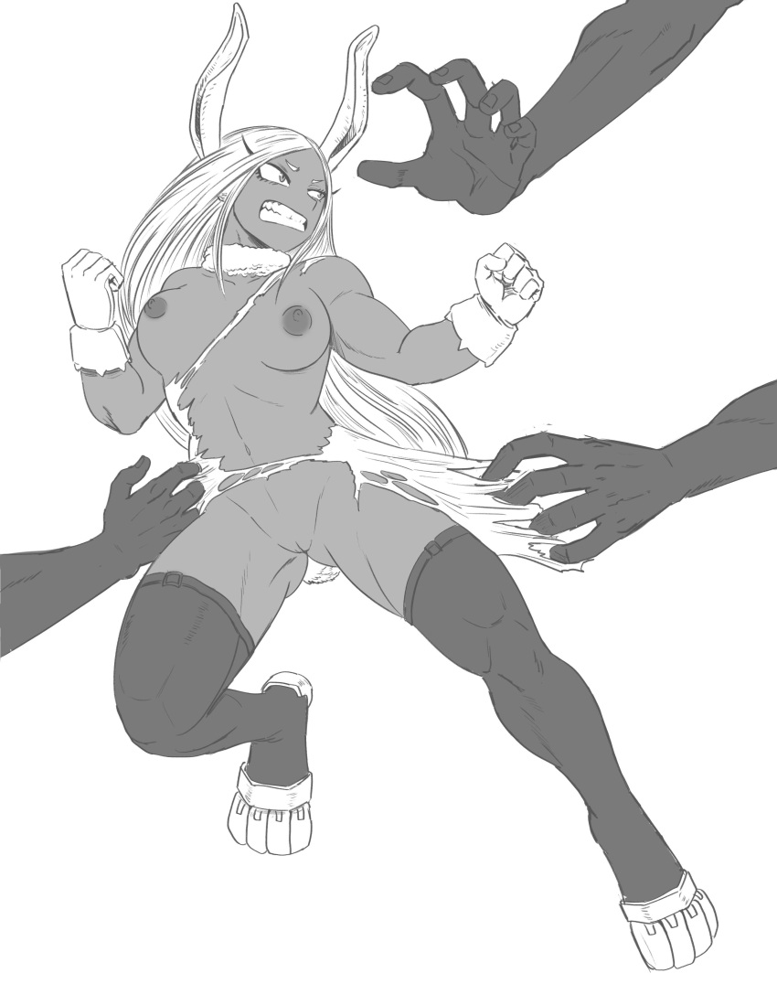 1girl 1girl angry animal_ears archway_of_venus bent_elbow big_breasts breasts breasts_apart bunny_ears bunny_tail clenched_hands clenched_teeth dark-skinned_female dark-skinned_white-haired dark_skin disembodied disembodied_hand disembodied_limb eyelashes full_body fur_collar gloves gluteal_fold groin high_resolution legs long_eyelashes long_hair medium_breasts mf_uncen mirko monochrome my_hero_academia navel nipples nude paipan pussy raised_fists reaching simple_background solo_focus stockings stomach tail tearing_clothes teeth thighs toned torn_clothes usagiyama_rumi very_high_resolution white_background white_hair