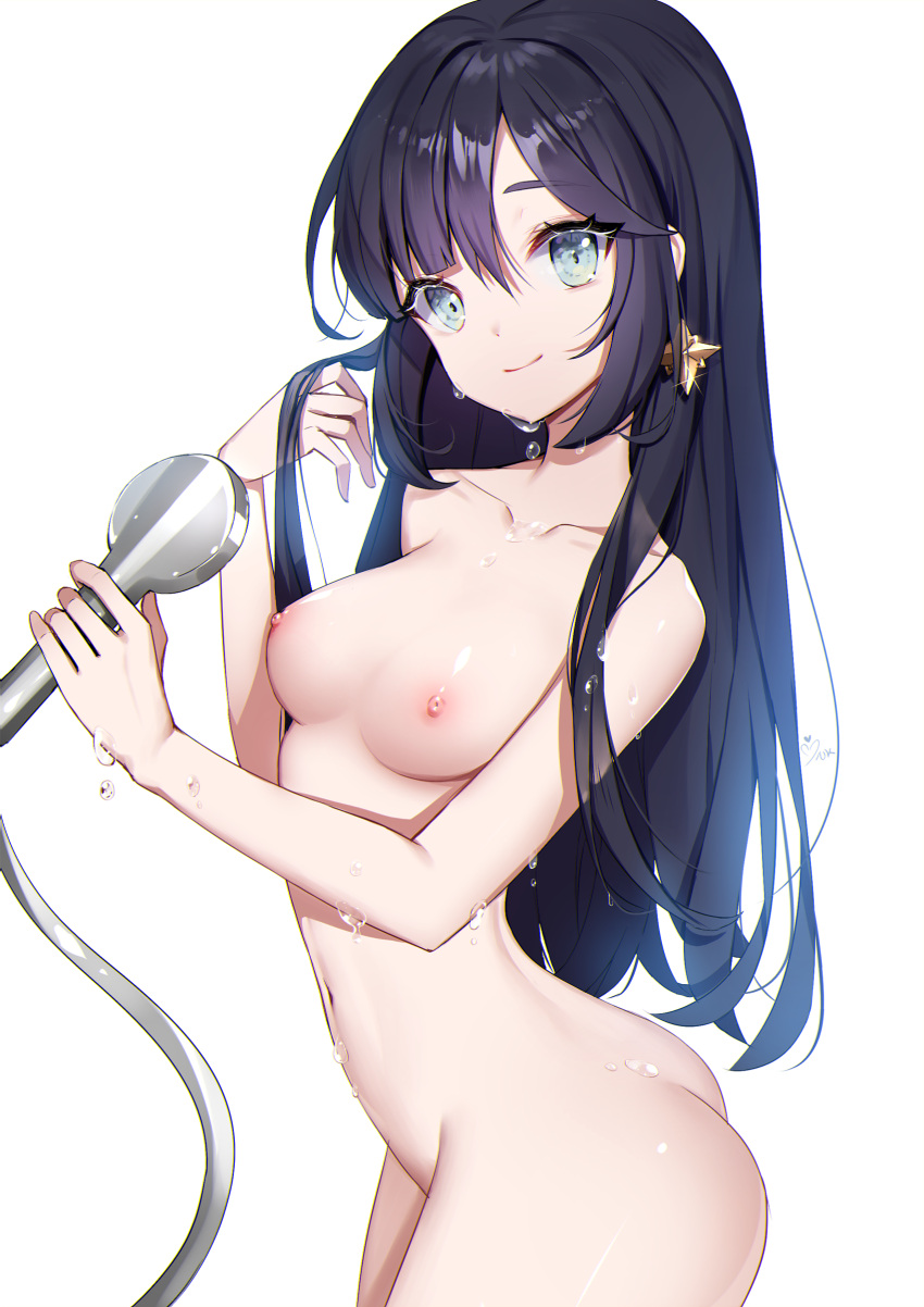 1girl 1girl 1girl ankkoyom arched_back ass bangs bathing black_hair blue_eyes breasts clavicle completely_nude completely_nude_female cowboy_shot earrings female_only genshin_impact hair_between_eyes hair_down hand_up high_resolution holding jewelry long_hair looking_at_viewer mona_(genshin_impact) navel nipples nude nude_female shower_head sidelocks simple_background small_breasts smile standing twisted_torso very_high_resolution water wet white_background