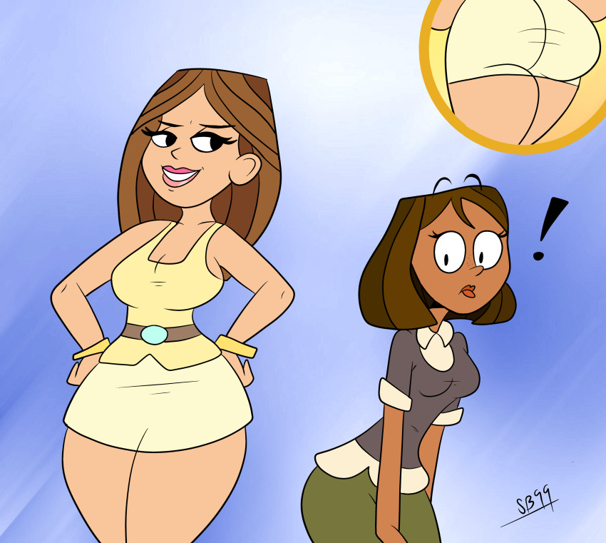 ass big_ass big_hips black_eyes breasts brown_hair brown_skin butt_crack cartoon_network courtney_(tdi) dark-skinned_female freckles hourglass_figure latina scobionicle99 short_hair taylor_(the_ridonculous_race) the_ridonculous_race thick_ass thick_legs thick_thighs total_drama_island