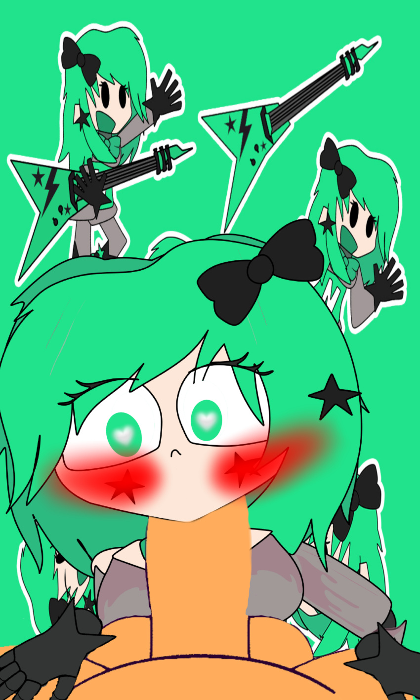 1boy 1girl black_gloves blush blushing_at_viewer bowtie clothed_female_nude_male fellatio first_person_view first_porn_of_character first_porn_of_franchise five_nights_at_agk_studios five_nights_at_freddy's fnatas green_eyes green_hair guitar heart-shaped_pupils looking_at_viewer male_pov medium_breasts neila neila_(five_nights_at_agk_studios) poster pov pov_eye_contact star_sticker sticker sticker_on_face tagme