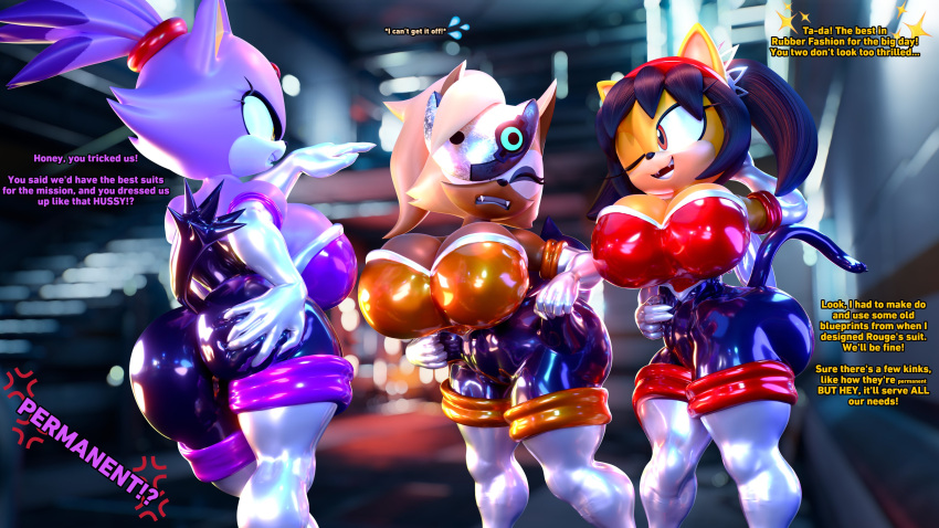 16:9 2023 3d 3d_(artwork) 3girls 4k absurd_res accessory amber_eyes anthro armwear ass big_ass big_breasts black_hair black_latex blaze_the_cat blender blender_(software) blonde_hair bodysuit breasts brown_body brown_fur canid canine canis cleavage closed_eyes clothed clothing cosplay cross-popping_vein digital_media_(artwork) domestic_cat elbow_gloves english_text eyelashes felid feline felis female forehead_gem fur glistening glistening_clothing glistening_latex gloves group hair hair_accessory hand_on_butt handwear high_res honey_the_cat idw_publishing latex latex_armwear latex_bodysuit latex_clothing latex_elbow_gloves latex_gloves latex_handwear latex_legwear latex_skinsuit latex_thigh_highs legwear mammal mask multicolored_bodysuit multicolored_skinsuit orange_latex palisal pigtails purple_body purple_fur purple_latex red_latex rouge_the_bat rouge_the_bat_(cosplay) rouge_the_bat_outfit rubber_clothing rubber_suit sega skinsuit sonic_the_fighters sonic_the_hedgehog_(comics) sonic_the_hedgehog_(idw) sonic_the_hedgehog_(series) stockings tail teeth_showing text tight_clothing trio whisper_the_wolf white_armwear white_clothing white_elbow_gloves white_gloves white_handwear white_latex white_legwear white_thigh_highs wide_hips widescreen wolf yellow_body yellow_eyes yellow_fur