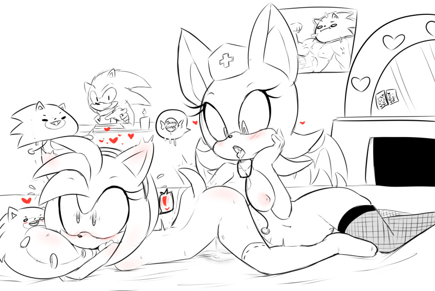 1boy 2girls amy_rose animal_ears ass bed blush breasts cute furry hair hearlesssoul heart multiple_girls nude nurse pussy rouge_the_bat saliva short_hair smile sonic sonic_the_hedgehog tail wings yuri