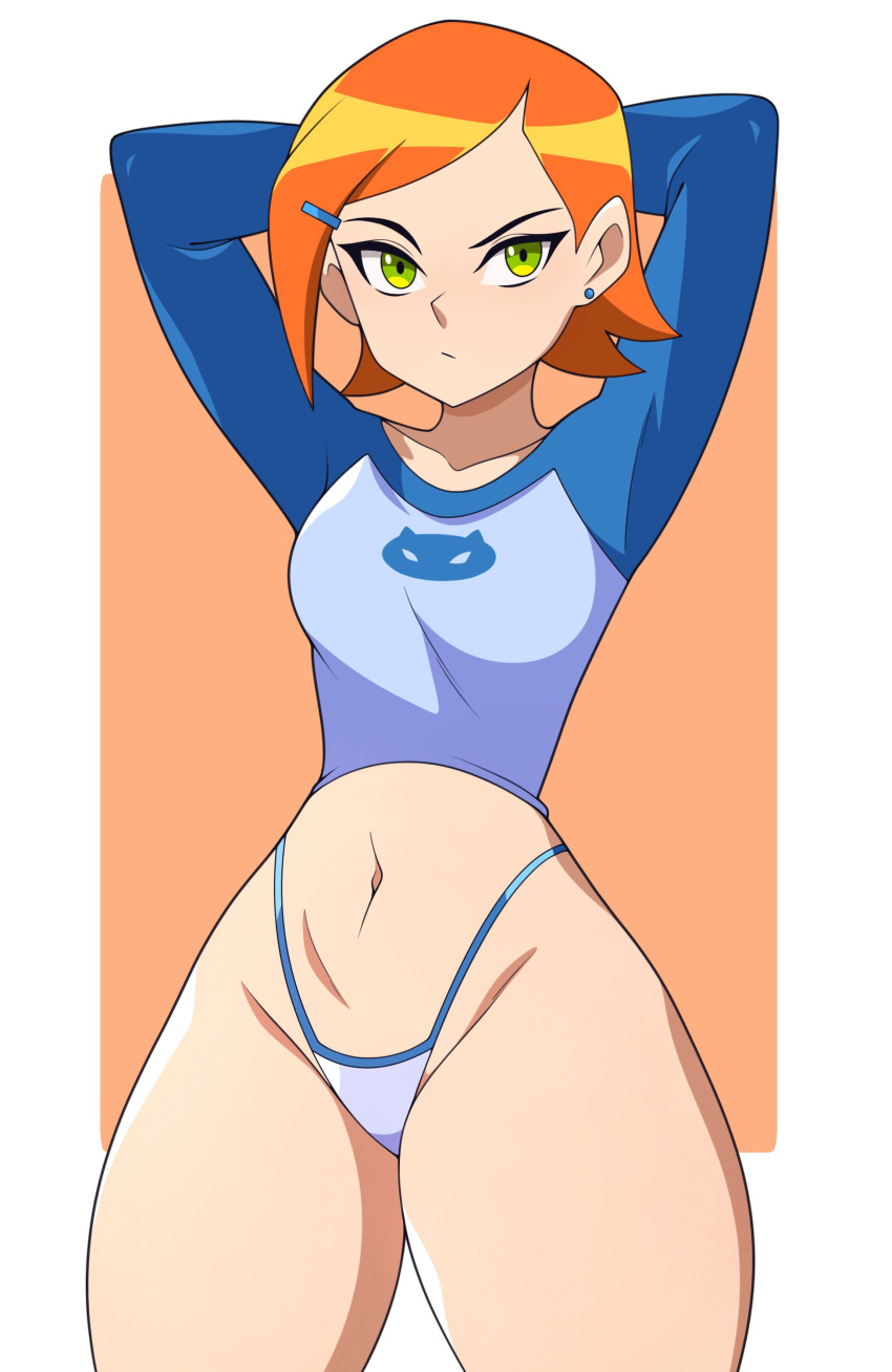 1girl abysswatchers arms_behind_head arms_up ben_10 blue_clothing blue_shirt cartoon_network female_only ginger green_eyes gwen_tennyson navel no_pants panties pantsless red_hair short_hair shorts stomach thick thick_thighs tummy wide_hips