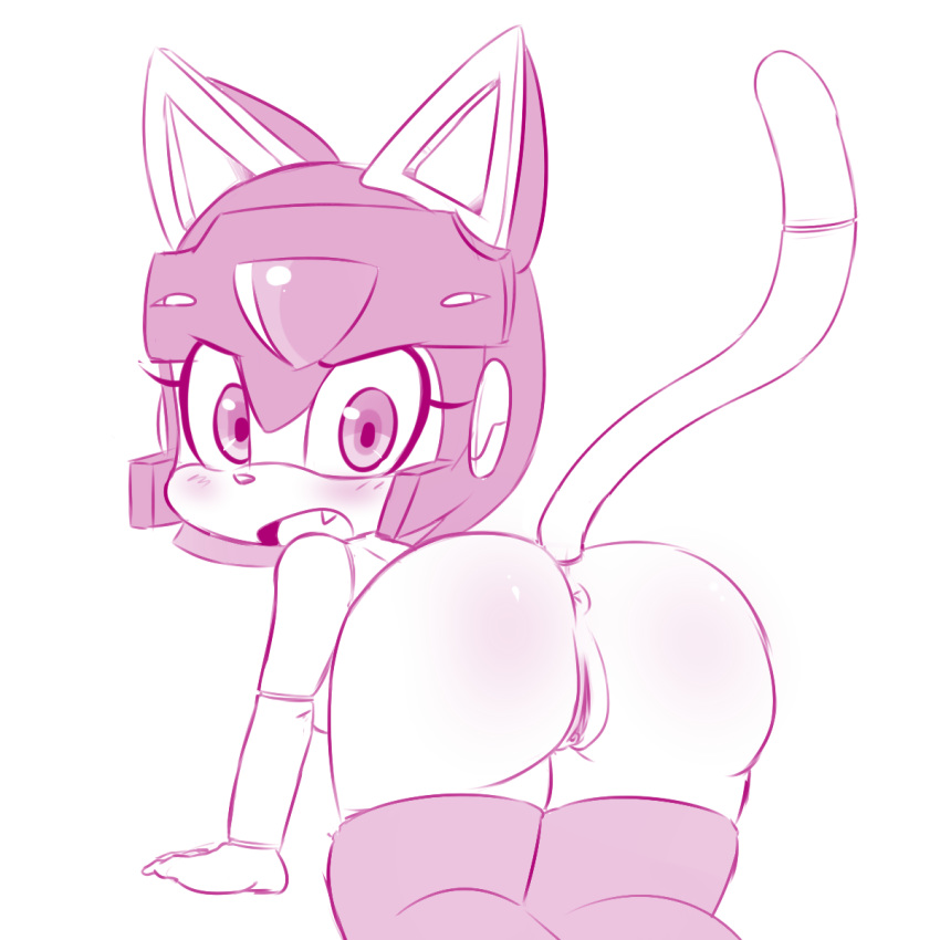 1girl all_fours ass blush cat_ears cute fang furry hearlesssoul helmet looking_at_viewer looking_back polly_esther pussy samurai_pizza_cats tail
