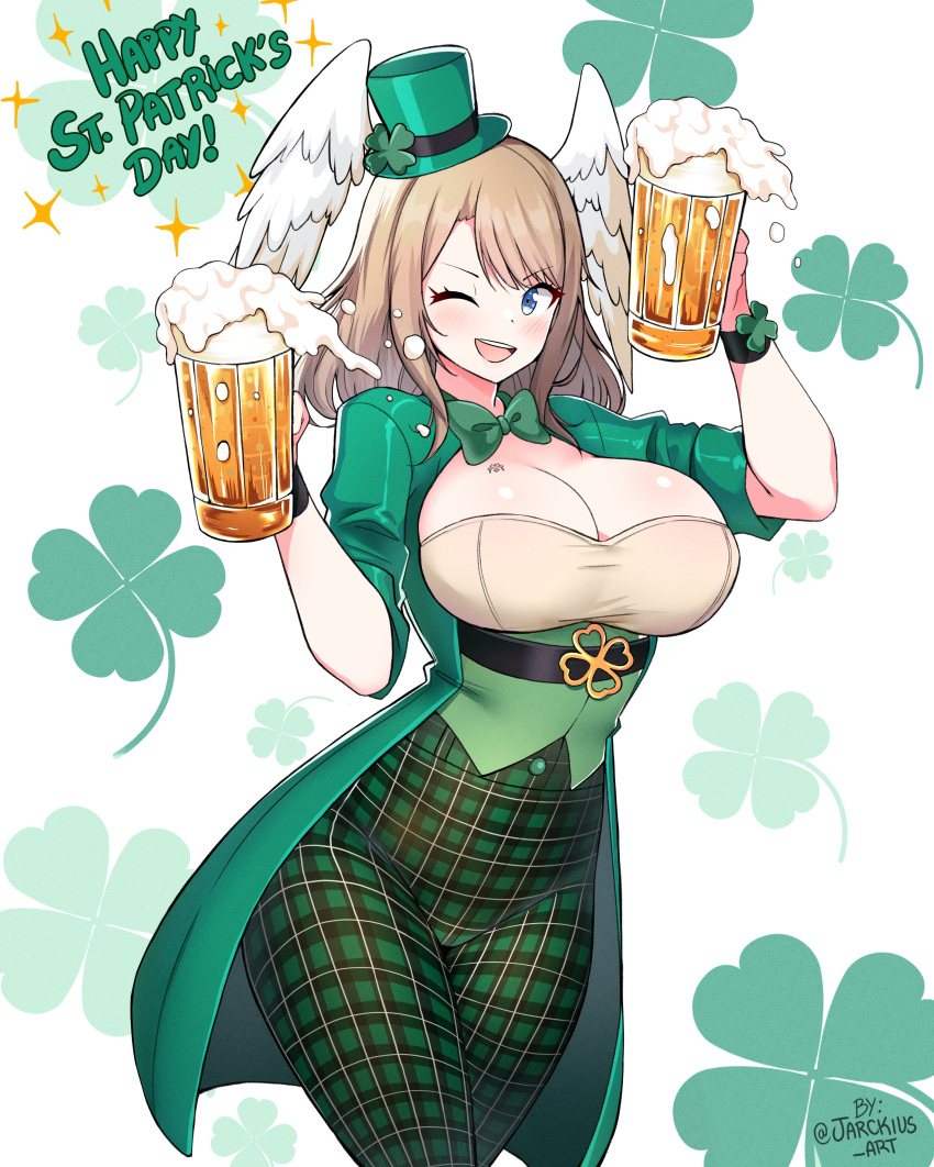 1girl alluring big_breasts blue_eyes brown_hair cleavage drink eunie_(xenoblade) female_only holding_mugs holding_root_beer jarckius nintendo one_eye_closed open_mouth root_beer seven_leaf_clover st._patrick's_day top_hat wink winking_at_viewer xenoblade_(series) xenoblade_chronicles_3
