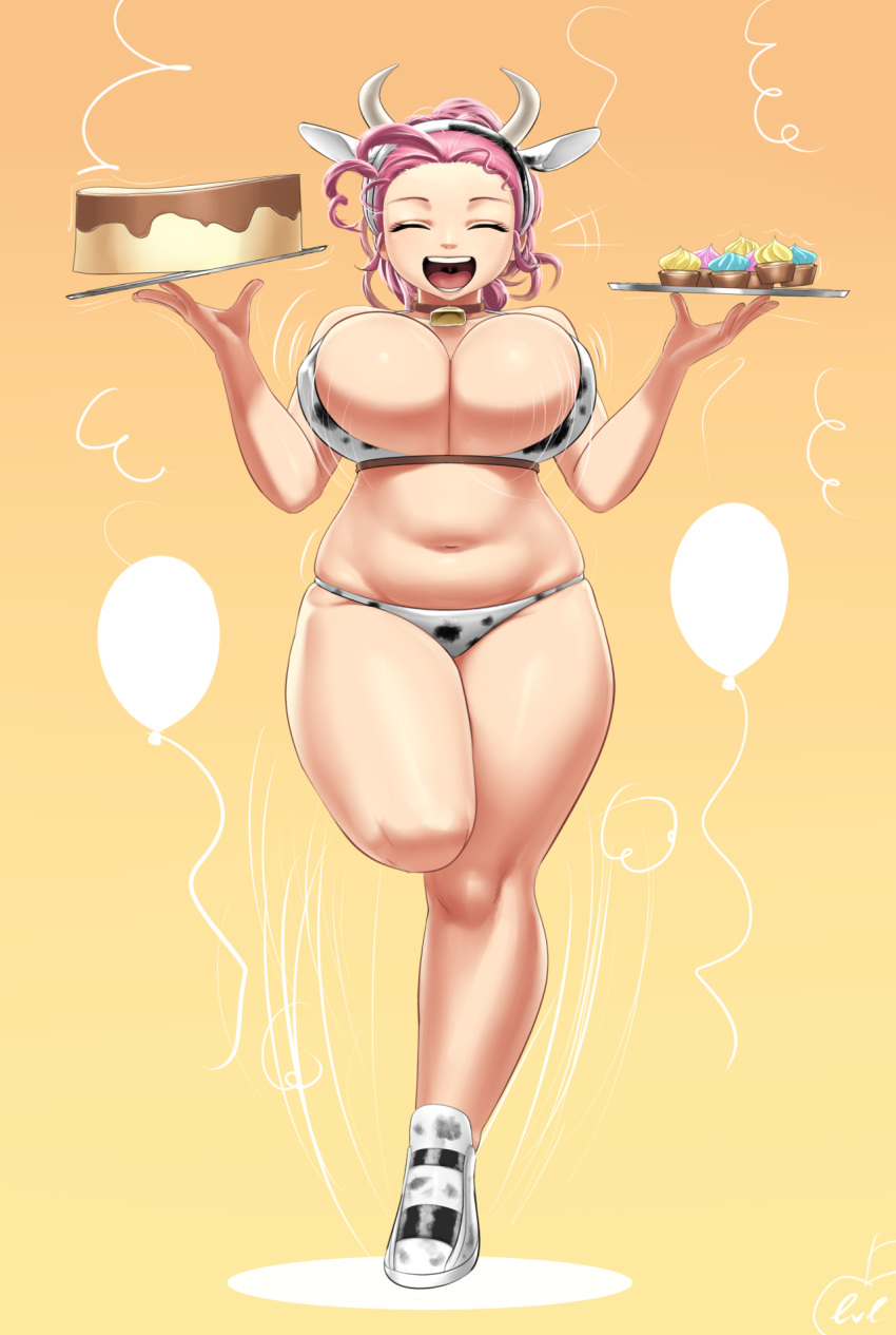 1girl animal_ears bell bell_collar belly big_breasts bikini bouncing_breasts breasts chubby cleavage closed_eyes collar cow_ears cow_girl cow_horns cow_print cowbell cupcake dessert flan food friendship_is_magic full_body hair highres horns huge_breasts humanized jiggle long_hair lvl_(artist) my_little_pony navel pink_hair pinkie_pie plump shoes smile solo standing thick_thighs thighs wide_hips