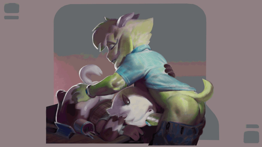 2boys 4_fingers animated anthro ass ass_grab ass_shake ass_squeeze ass_up bangs big_ass big_penis blue_tongue butt_grab cheek_grab closed_eyes clothed_male clothed_sex deepthroat dimples face_down face_down_ass_up face_fucking floppy_ears fuzzamorous gif green_fur high_res high_resolution horns interspecies jiggle male/male male_only on_desk oral oral_penetration oral_sex pants_down polo_shirt shirt_lift squeezing tail thick_ass thick_penis throat_swabbing thrusting thrusting_into_mouth tongue_out two_tone_body two_tone_fur yaoi