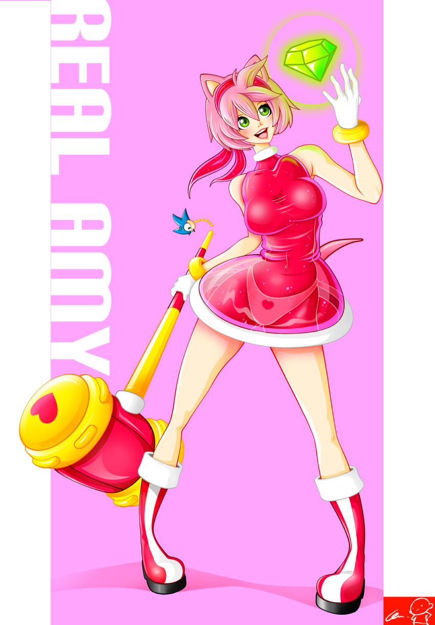 amy_rose animal_ears big_breasts breasts chaos_emerald green_eyes hammer humanized mallet piko_piko_hammer pink_hair sega smile sonic_*(series) sonic_the_hedgehog_(series) weapon witchking00