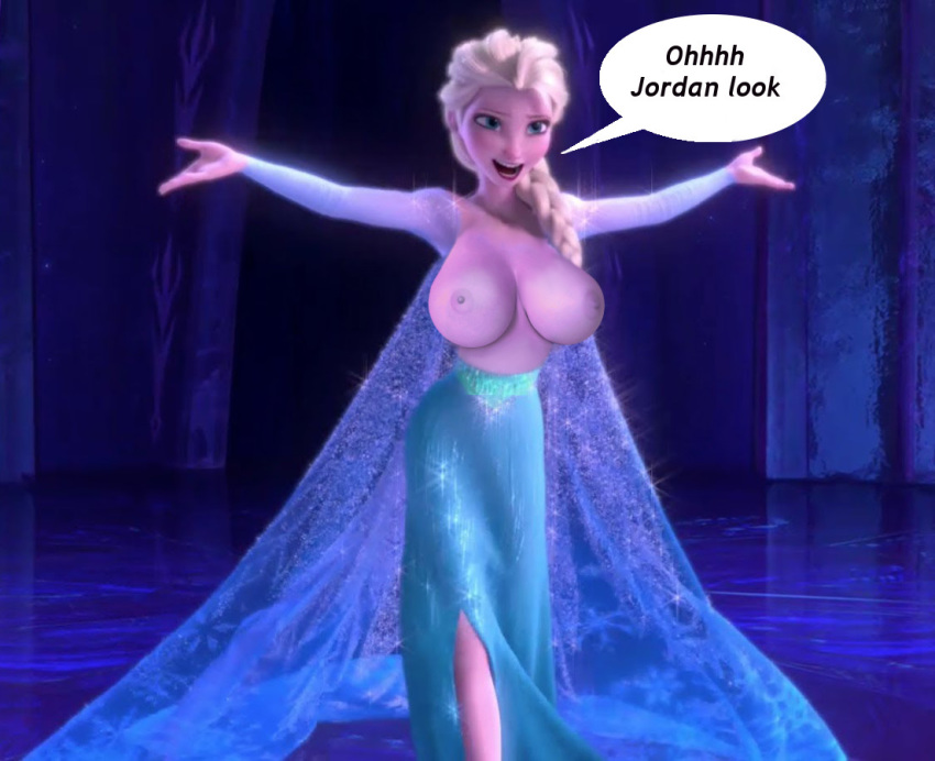 1_female 1girl areola areolae big_breasts blonde_hair breasts clothed clothing disney dress edit elsa elsa_(frozen) english_text exposed_breasts female female_only female_solo frozen_(movie) hair huge_breasts human large_breasts light-skinned_female light_skin long_hair nipples solo solo_female speech_bubble standing text