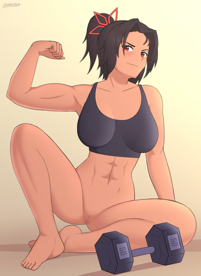1girl abs alluring ashera_(xenoblade) athletic_female bare_legs black_hair clothed clothing dark-skinned_female dumbbell female_abs fit_female hair_ornament lackatask naked_from_the_waist_down nintendo pussy red_eyes solo_female solo_focus sports_bra xenoblade_(series) xenoblade_chronicles_3