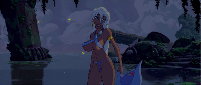 1_female 1girl atlantis:_the_lost_empire big_breasts blue_eyes breasts disney earrings edit editfag female female_only hips huge_breasts human legs lipstick long_hair necklace nipples nude outdoors princess_kidagakash smile solo standing teeth thong water white_hair woman