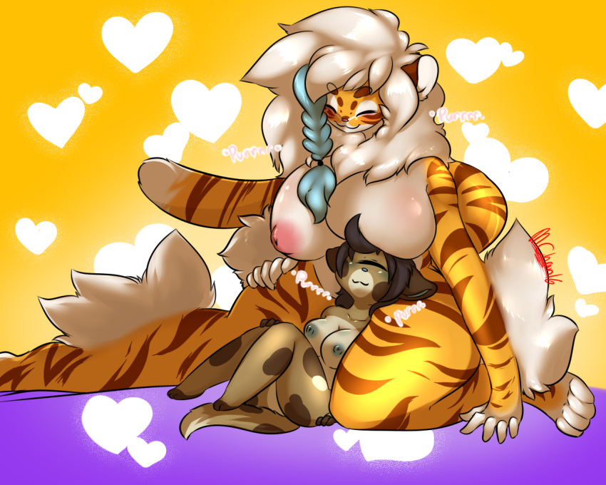 1girl anthro big_breasts black_hair boob_hat breasts buxbi closed_eyes cyclops duo feline furry hair heart hybrid mammal moneychan nipples nude size_difference thick_thighs voluptuous white_hair wide_hips