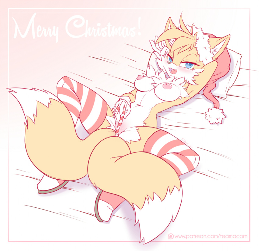1girl 1girl anthro big_breasts blue_eyes breasts candy candy_cane canine chest_tuft christmas clothing crossgender food fox furry hat holidays legwear mammal miles_"tails"_prower multiple_tails nipples nude open_mouth pose pussy sallyhot santa_hat sega smile spread_legs spreading stockings tuft
