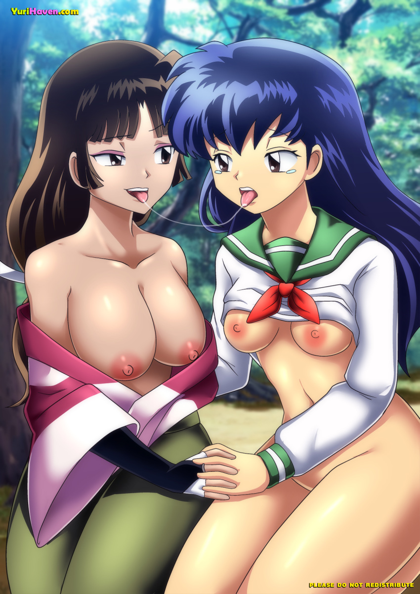 2_girls breasts female_only higurashi_kagome inuyasha kagome_higurashi kissing saliva saliva_string sango tagme yuri yuri_haven