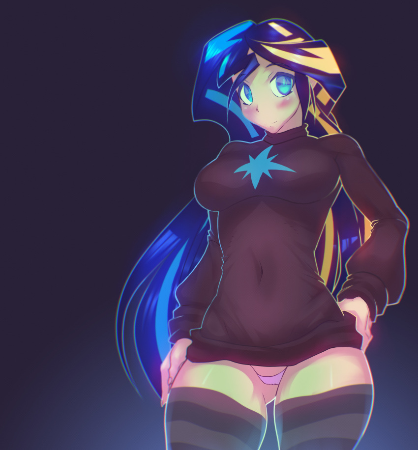 1girl astral_(sky-gracer) belly blue_eyes curvy female_only navel panties sky-gracer_(artist) solo solo_female thigh_high